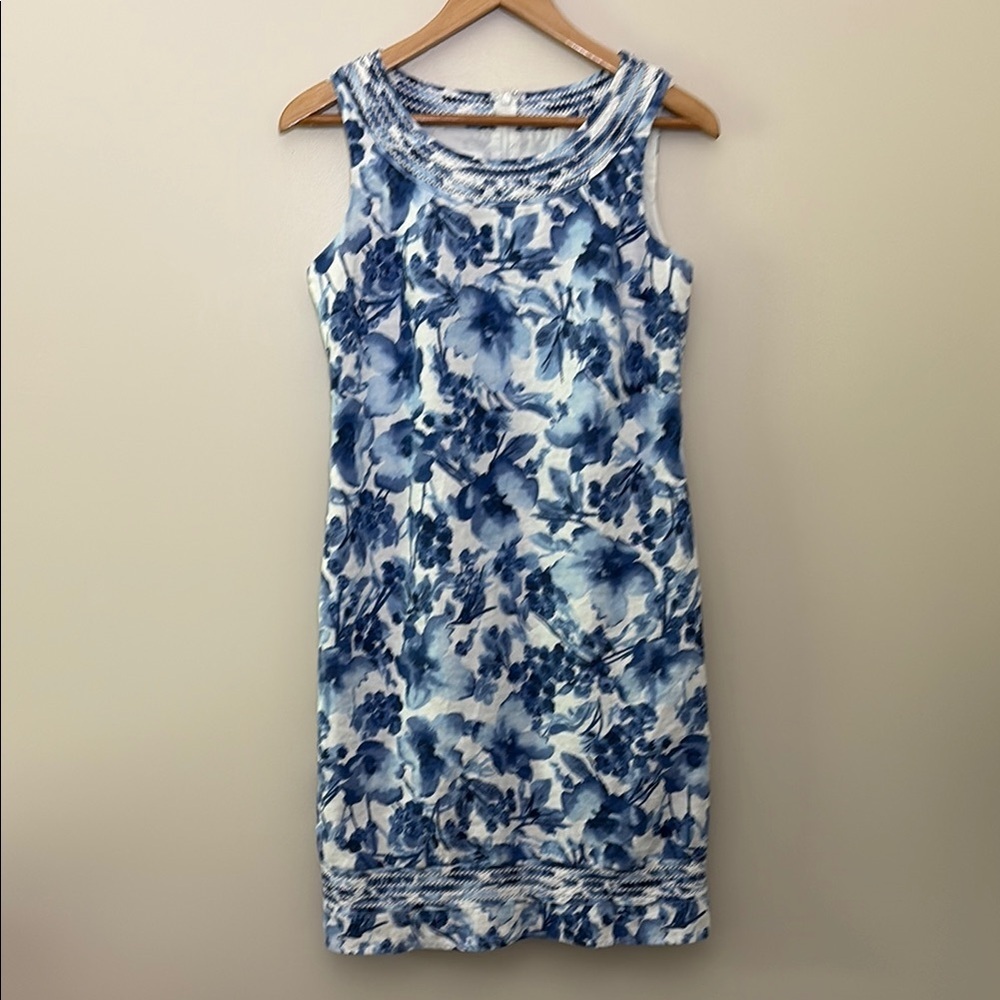 Charter Club 100% Linen Dress Sleeveless Blue Floral‎ Costal Cottage Size 6